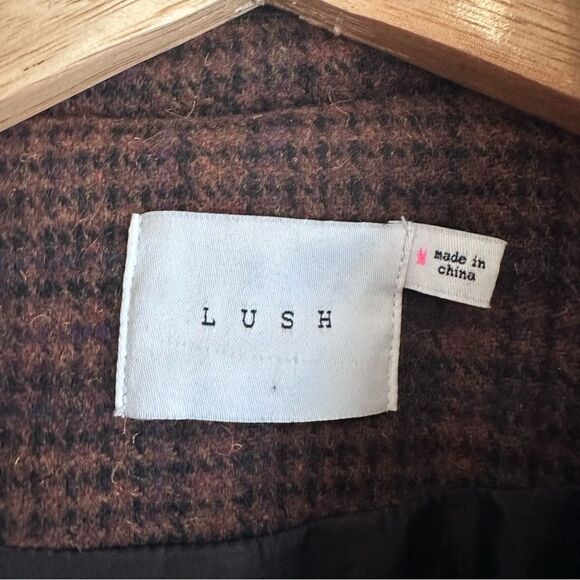 Lush Brown Tweed Wool Blend Faux Leather Collar One Button Preppy Blazer - Picture 7 of 7